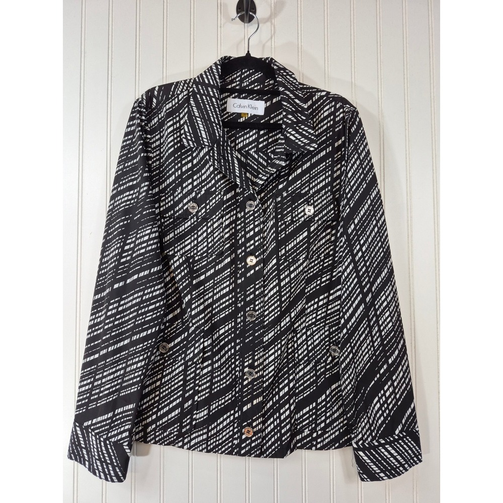 Calvin Klein Black White Geometric Grid Silver Button Front Lightweight Jacket M
